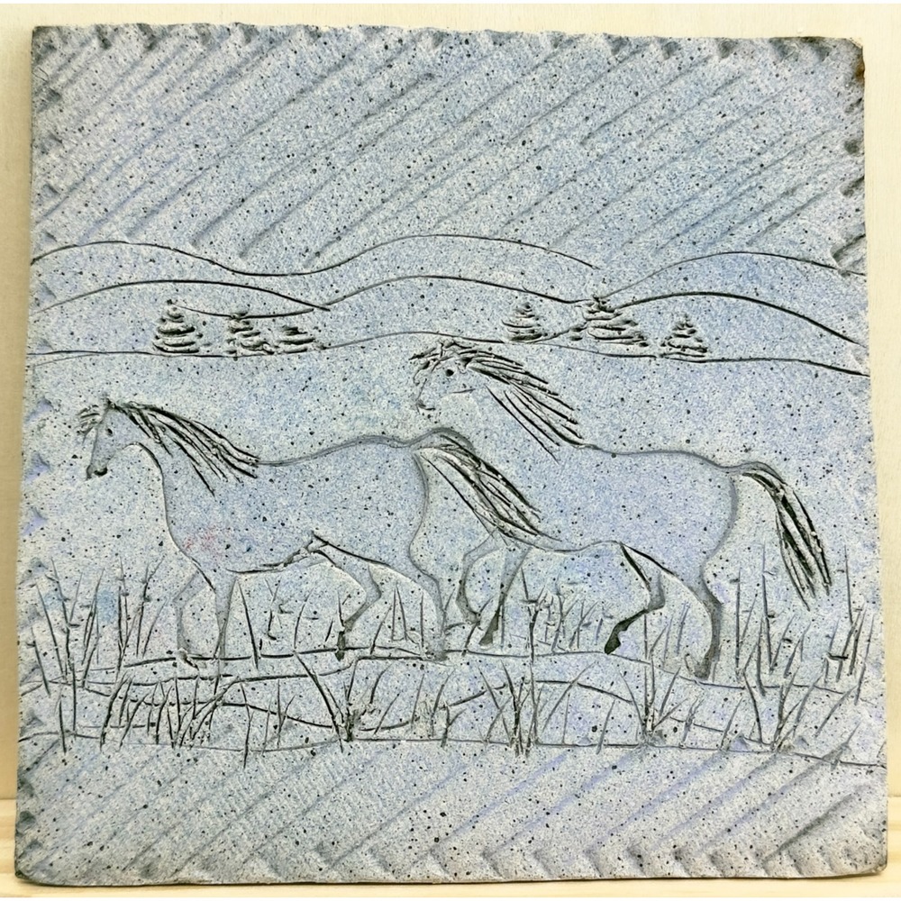 Vintage Signed Horse Art Tile Incised Ceramic Pottery Plaque Studio Decor